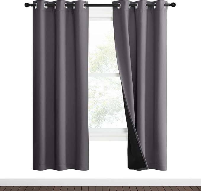 NICETOWN Grey Full Shade Curtain Panels, 37" Wide x 70" Long, Gray, Pair of Thermal Insulated & Energy Efficiency Blackout Curtains for Living Room Windows, Lined Silky Performance Window Dressing | Full Shade Thermal Insulated Energy Efficiency Room D...