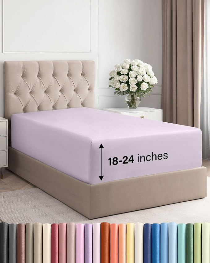 Extra Deep Twin Fitted Sheet - Single Fitted Sheet Only - Light Lavender | Easily Fits 18 inch to 24 inch Mattress, Soft, Wrinkle Free, Breathable & Comfy, Extra Deep Pockets Hotel Luxury Fitted Sheet