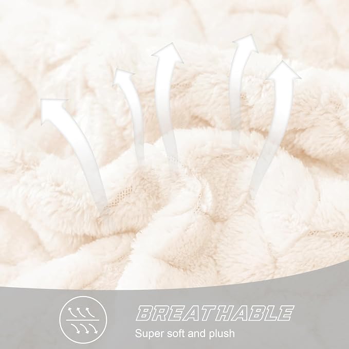 Exclusivo Mezcla Soft Fleece Bed Blanket Queen Size, 90”x90”, Off White | Cozy Fluffy Lightweight Blankets for Summer, Decorative Plush Flannel Throws for Living Room, Bedroom with Leaves Pattern