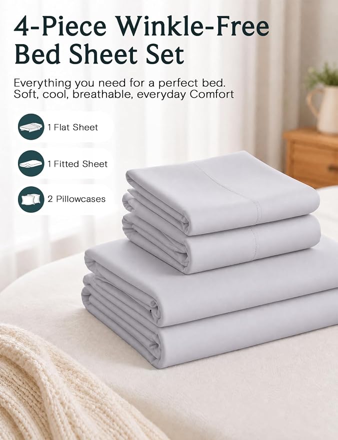 LuxClub King Size Sheets Set, Cooling & Soft Deep Pocket Bed Sheets, 4PC | LuxClub Silky Fitted Sheet & Pillowcase Sets, Breathable Hotel Luxury Bedding for Mattress Wrinkle Free, Dove Gray
