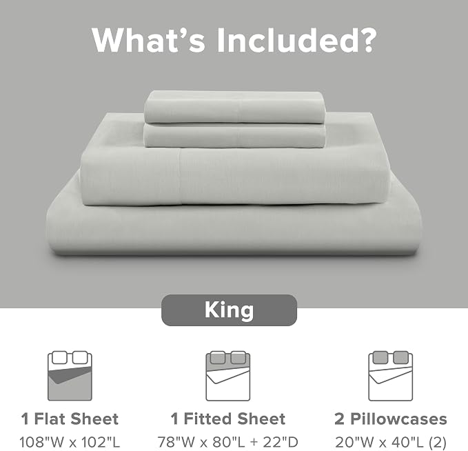 Comfort Spaces 100% Cotton Percale Sheets King Extra Deep Pocket, 4 Pcs | Crisp, Cool & Breathable Bed Sheets, 22" Deep Pocket Fits Up to 24" Mattress, Lightweight, All Season Cozy, Grey