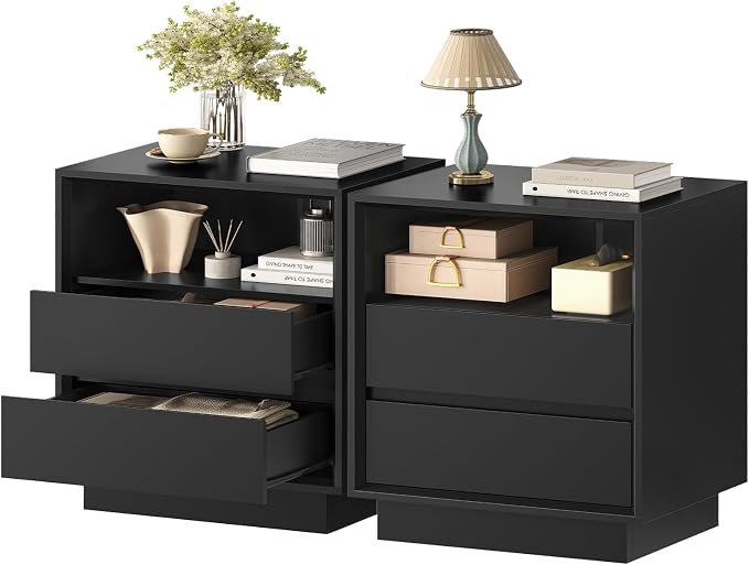 TEENFON Nightstands Set of 2, Night Stand with 2 Drawers and Open Shelf, Nightstand Side Table with Cut-Out Handle, Bedside End Table for Bedroom, Black, 17.7″ L × 15.7″ W × 23.6″ H
