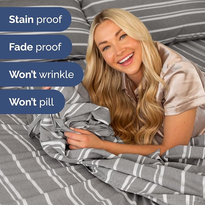 Short Queen Size 4 Piece Bed Sheet Set - RV Short Queen - Grey Stripes | Ultra-Soft, Breathable & Cooling Bed Sheets Set with Deep Pockets, Hotel Luxury Bedding for Women & Men, Wrinkle & Fade Free