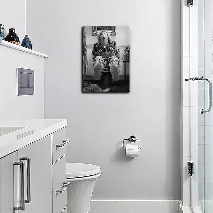 Funny Bathroom Wall Art Set of 2 - Black and White Vintage Humor Wall Decor, Dumb And Dumber Movie Posters Art, Funny Bathroom Decor Canvas Wall Art 16x24in Framed