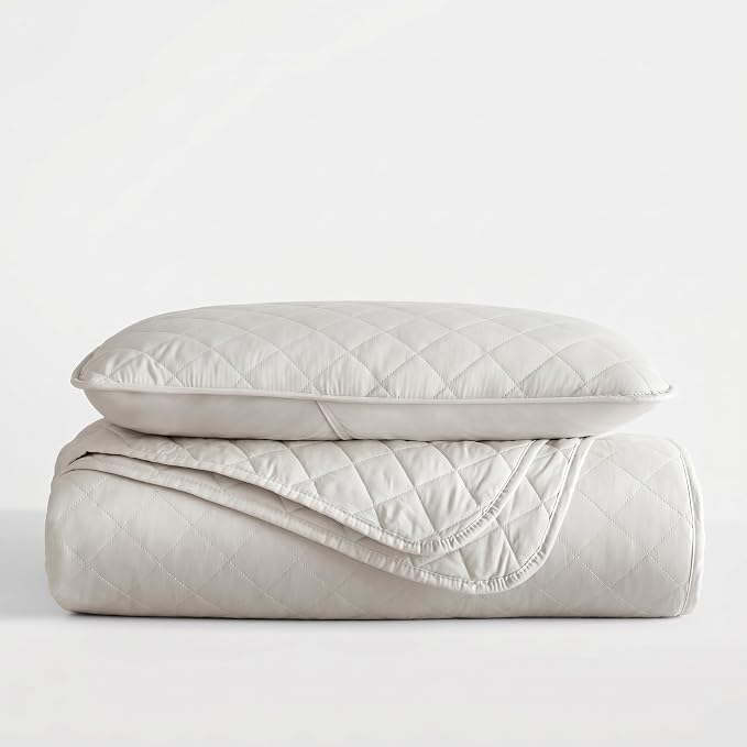 Merit Linens Modern Quilt Coverlet Soft Set in Diamond Stitching - Twin/TwinXL Natural