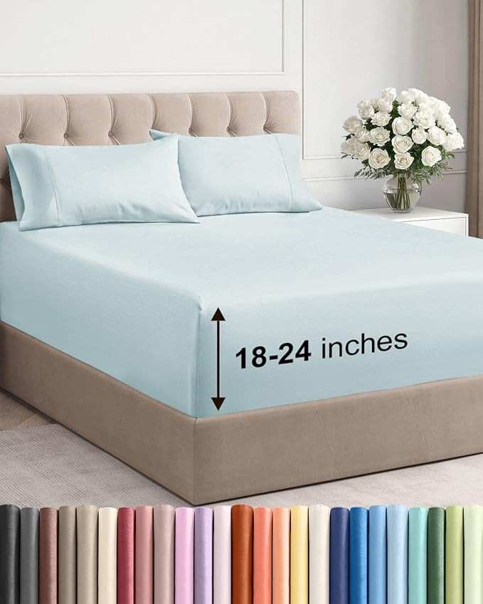 Extra Deep Cal King Sheet Set - 4 Piece Breathable & Cooling - Ice Blue | Easily Fits 18 to 24 inch Mattress, Ultra Soft, Wrinkle & Fade Free with Extra Deep Pockets, Comfy Hotel Luxury Bedding