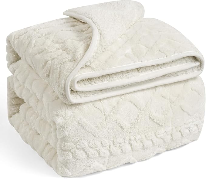Weighted Blanket for Adults Queen Size 15 lbs 60" x 80" Cream White | Boost Sleep Quality, Relax Body & Mind, Dual Sided Soft Fuzzy Heavy Throw Blankets, Jacquard Knitted, Chunky Warm Fluffy