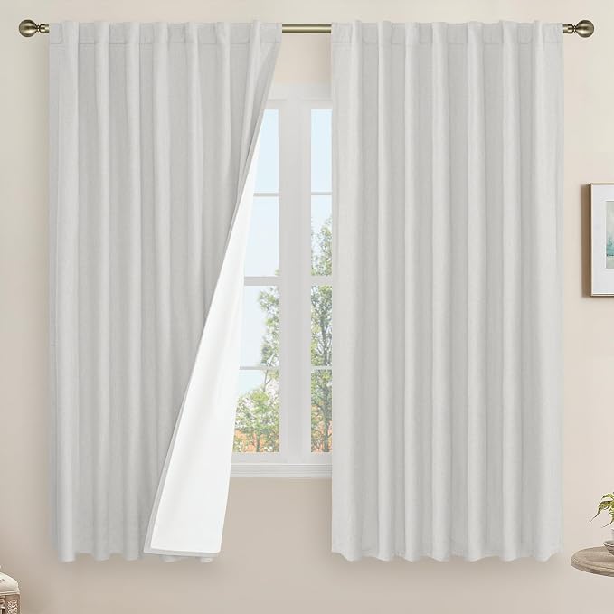 100% Blackout Linen Curtains 63 Inches Long for Bedroom 2 Panels | Full Room Darkening Farmhouse Curtains, Privacy Protected, Rod Pocket Back Tab Panels, White Liner, Light Grey, 60 x 63 Inch
