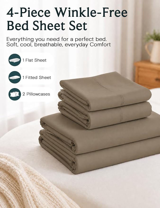 LuxClub 4 PC California King Sheet Set, Deep Pockets Wrinkle Free Cooling Bed Sheets Hotel Bedding for Women, Men, Includes 1 Fitted Sheet, 1 Flat Sheet and 2 Pillowcases-Soft Dark Khaki | LuxClub Silky Fitted Sheet & Pillowcase Sets, Breathable Hotel ...