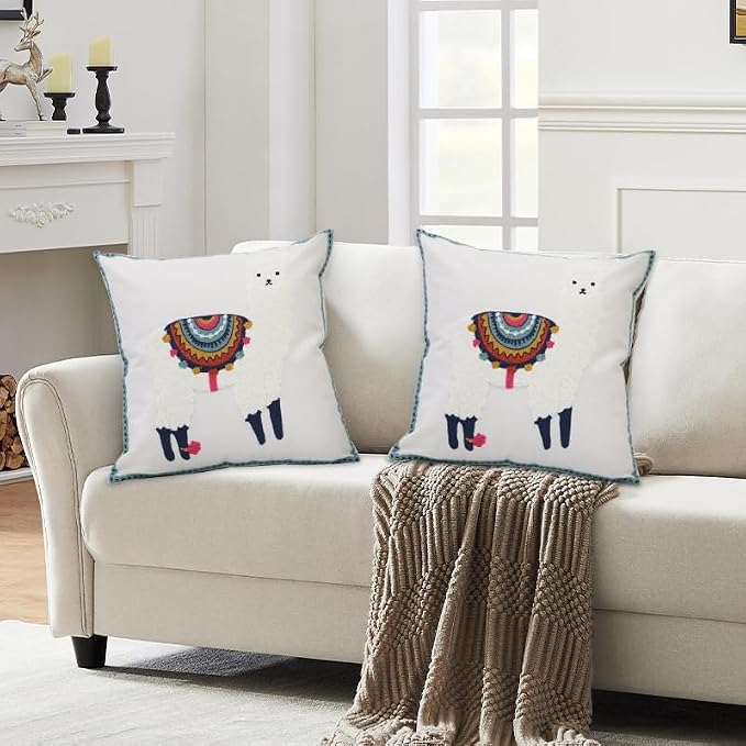 Pack of 2 Embroidered Decorative Throw Pillow Cover 18x18 Inch Farmhouse Floral Pillowcase for Living Room Sofa Bed (White Alpaca)