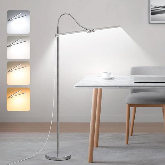 Bright Floor Lamp, 18W/2000LM Silver LED Floor Lamp with Double Head | Adjustable Gooseneck, Dimmable Craft Light for Sewing Tatoo Puzzle，Eye Caring Reading Lamps for Living Room Bedroom Office