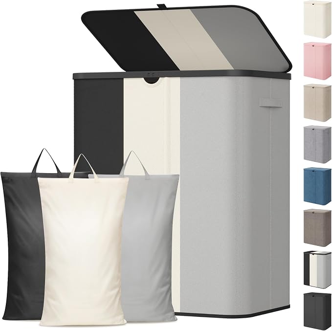 Lifewit 185L 3 Section Laundry Hamper with Lid, Black/Gray/White | Large Foldable Laundry Sorter with 3 Removable Bags, Tall Clothes Hamper for Bedroom and Bathroom