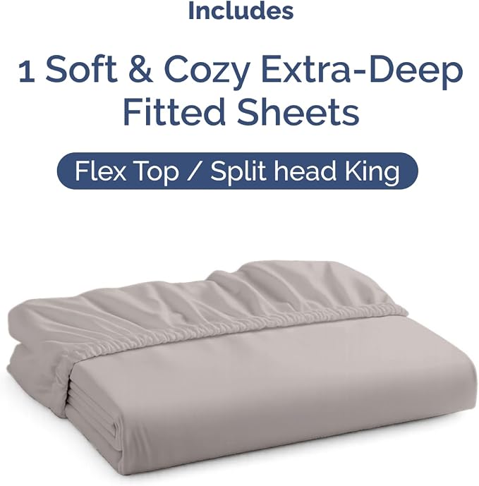 Extra Deep Flex Top Split Head King Fitted Sheet - Hotel Luxury Single Fitted Sheet Only - Easily Fits 18 inch to 24 inch Mattress - Ultra Soft, Wrinkle Free w/Extra Deep Pockets - Light Grey
