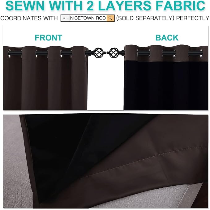 NICETOWN 100% Blackout Curtains 45 inches Length, 2 Thick Layers Completely Blackout Window Treatment Thermal Insulated Lined Drapes for Basement Window (Brown, 1 Pair, 52 inches Width Each Panel)