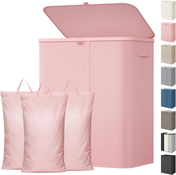 Lifewit 185L 3 Section Laundry Hamper with Lid, Laundry Basket, Pink | Large Foldable Laundry Sorter with 3 Removable Bags, Tall Clothes Hamper for Bedroom and Bathroom