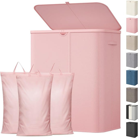 Lifewit 185L 3 Section Laundry Hamper with Lid, Laundry Basket, Pink | Large Foldable Laundry Sorter with 3 Removable Bags, Tall Clothes Hamper for Bedroom and Bathroom