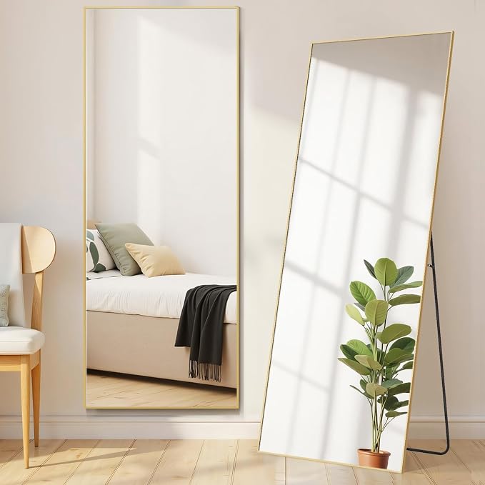 21"x64" Mirror Full Length, Upgraded Body Wall Mirrors | Shatter-Proof Glass, Floor Standing, Hanging or Leaning, Tall Mirror with Stand Aluminum Alloy Frame for Bedroom, Gold