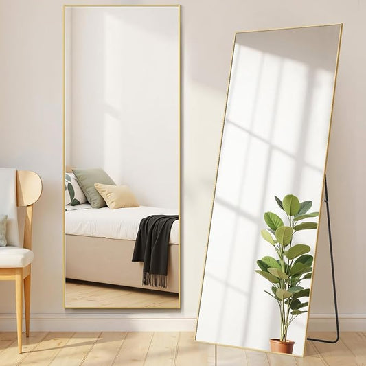 21"x64" Mirror Full Length, Upgraded Body Wall Mirrors | Shatter-Proof Glass, Floor Standing, Hanging or Leaning, Tall Mirror with Stand Aluminum Alloy Frame for Bedroom, Gold