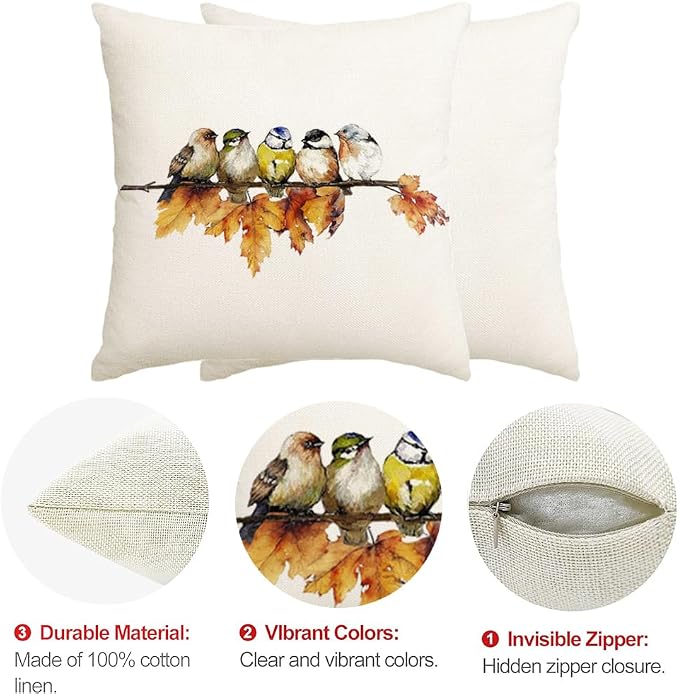 RABUSOFA Fall Pillow Covers 18x18 Inch Watercolor Bird Autumn Decorations for Home Outdoor Thanksgiving Decor Maple Leaf Decorative Throw Pillow Cases Farmhouse for Couch Sofa