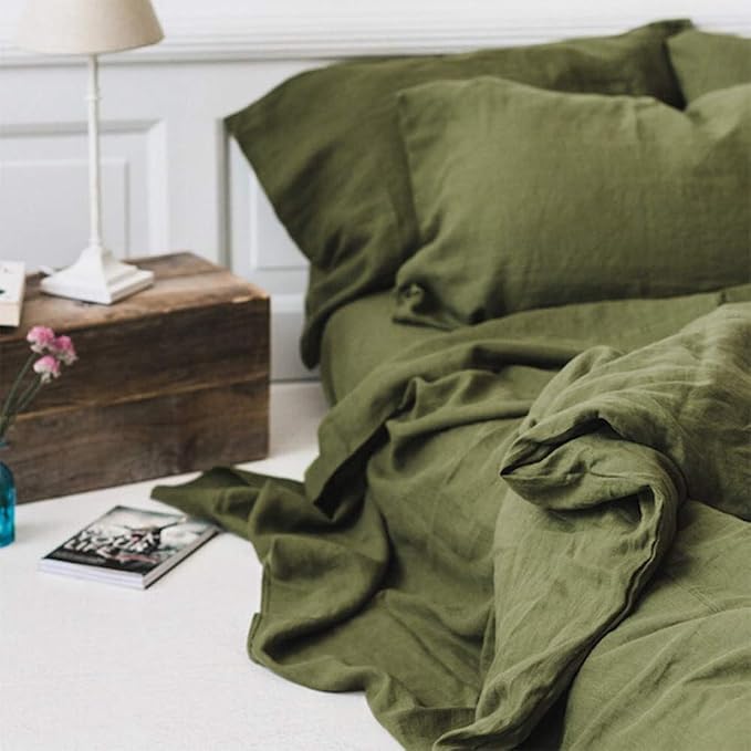Simple&Opulence 100% Linen Duvet Cover Set 3pcs Basic Style Natural French Washed Flax Solid Color Soft Breathable Farmhouse Bedding with Button Closure - Olive Green, King