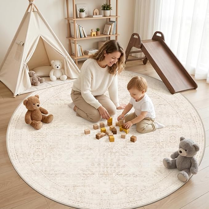 Round Area Rug Living Room: 8ft Neutral Washable Carpet Rug Beige | Vintage Boho Circle Soft Large Circular Carpet Bedroom Nursery Farmhouse Dining Room Indoor Decor Floor Non-Slip Under Table