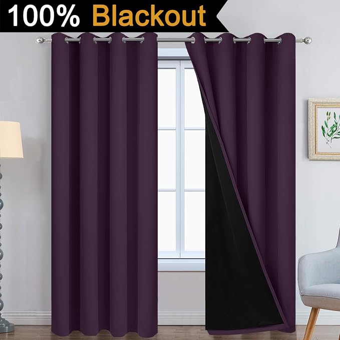 Yakamok Purple 100% Blackout Curtains 84 Inches Long for Bedroom 52" Wide | Blackout Curtain Panels for Bedroom, 2 Thick Layers Grommet Top Thermal Insulated Drapes with Black Liner for Living Room