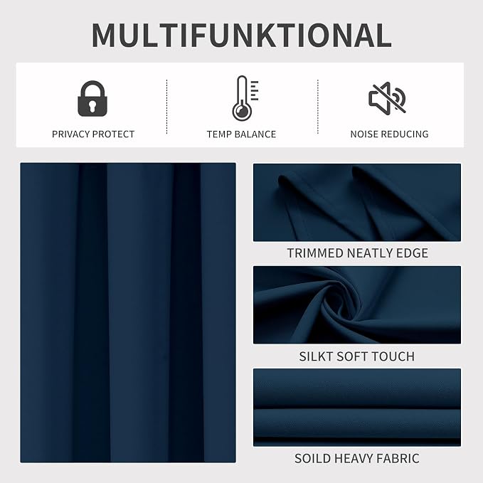 Joydeco Blackout Curtains 63 Inch Length 2 Panels Set, Thermal Insulated Long Curtains& Drapes 2 Burg, Room Darkening Grommet Drapes for Bedroom Living Room Window (Navy Blue, W52 x L63 Inch)