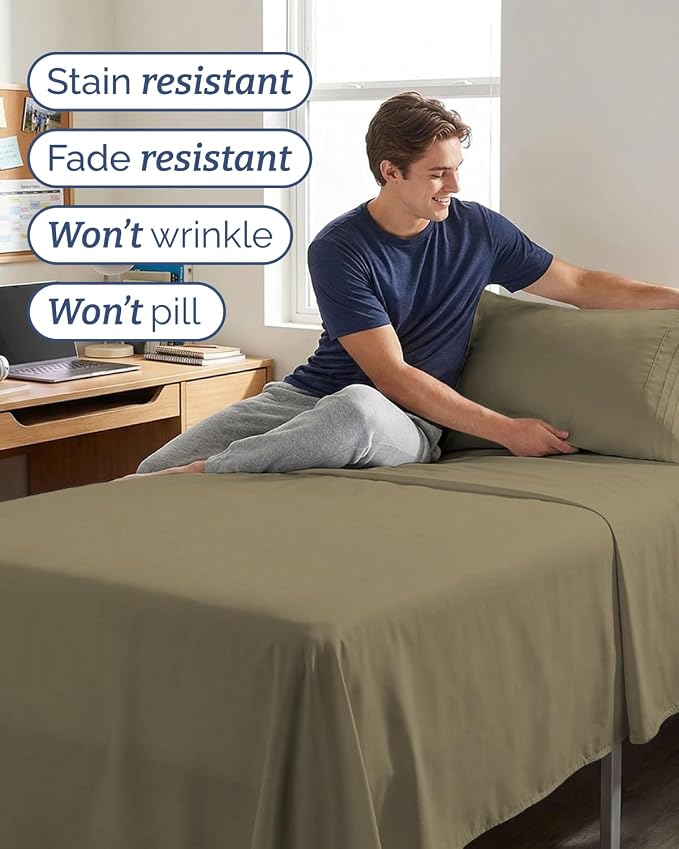 Twin XL 3 Piece Sheet Set - College Dorm Room Essentials - Khaki | Deep Pocket Bed Sheets for Women, Men, Teens & Students, Soft, Cooling, Breathable & Wrinkle Free, Oeko-Tex Bed Sheet Set