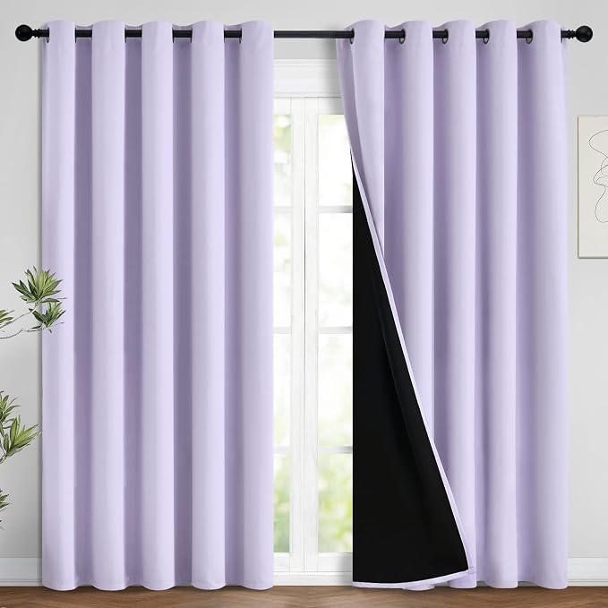 Yakamok 100% Blackout Lined Panels, Room Darkening Thermal Insulated Blackout Curtains for Bedroom, Heat Blocking Drapes for Living Room(62Wx84L, Lilac, 2 Panels)