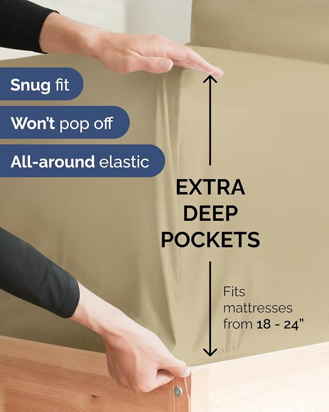 Flex Top Split Head King Sheet Set - 4 Piece Extra Deep Sheets - Beige | Easily Fits 18 to 24 inch Mattress, Ultra Soft, Wrinkle & Fade Free with Extra Deep Pockets, Comfy Hotel Luxury Bedding