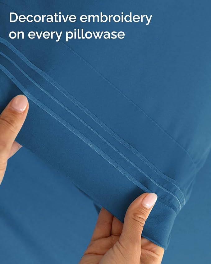 Twin XL 3 Piece Sheet Set - College Dorm Room Essentials - Denim Blue | Deep Pocket Bed Sheets for Women, Men, Teens & Students, Soft, Cooling, Breathable & Wrinkle Free, Oeko-Tex Bed Sheet Set