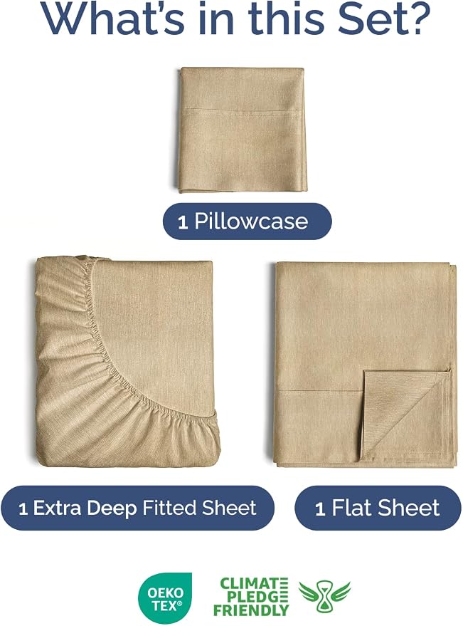 Extra Deep Twin Sheet Set - 3 Piece Breathable & Cooling - Heathered Tan | Easily Fits 18 to 24 inch Mattress - Ultra Soft, Wrinkle & Fade Free with Extra Deep Pockets - Comfy Hotel Luxury Bedding