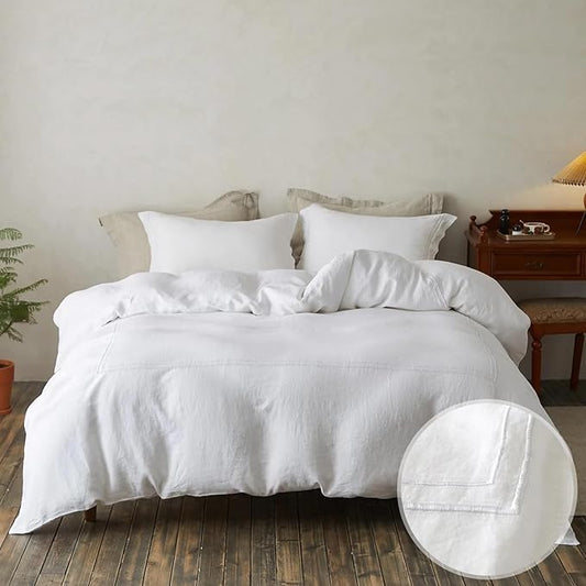 Simple&Opulence 100% Washed Linen Duvet Cover Set 104"x92" - 3 Pieces Soft Farmhouse Comforter Cover Set Double Embroidered with Button Closure - 1 Duvet Cover and 2 Pillowcases (White, King)