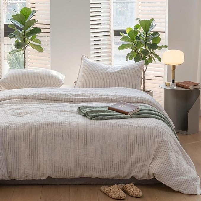 Simple&Opulence 100% Linen Striped Duvet Cover Queen 3pcs, Yarn Dyed Vertical Pinstripe Ticking Pattern Natural French Washed Flax Breathable Farmhouse Bedding - Cinnamon Stripe