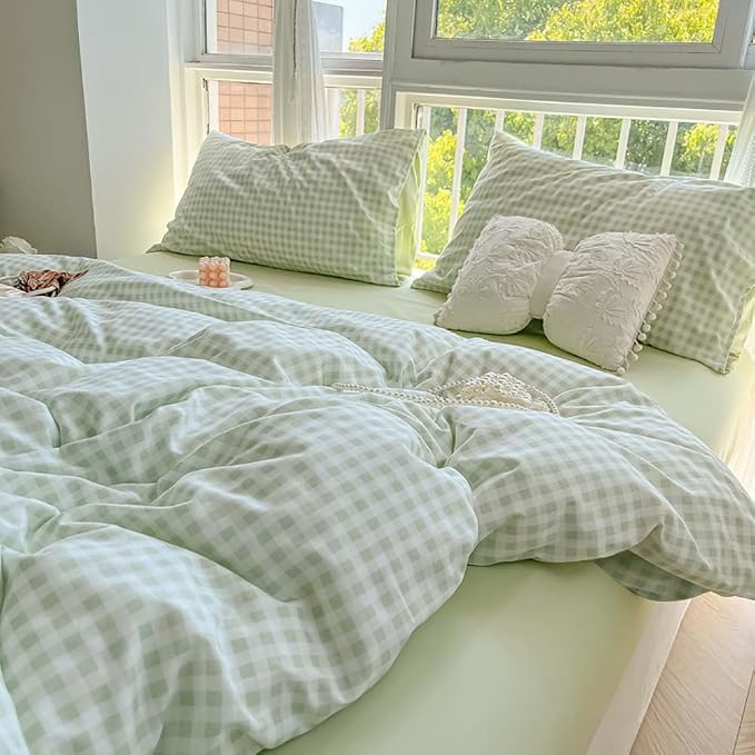 Nayoroom Green Gingham Duvet Cover Set Full Plaid Checkered Bedding | Modern Farmhouse Cottage, Dorm Bedding, Soft Breathable Washed Microfiber, All-Season Comfort, Hidden Zipper, 4 Corner Ties