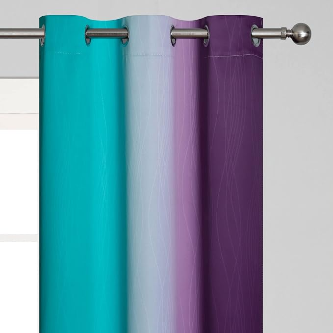 Ombre Teal and Purple Blackout Curtains for Kids Bedroom | Room Darkening Thermal Insulated Gradient Curtains, Full Light Blocking Grommet Drapes for Living Room,42Wx63L Inch, 2 Panels