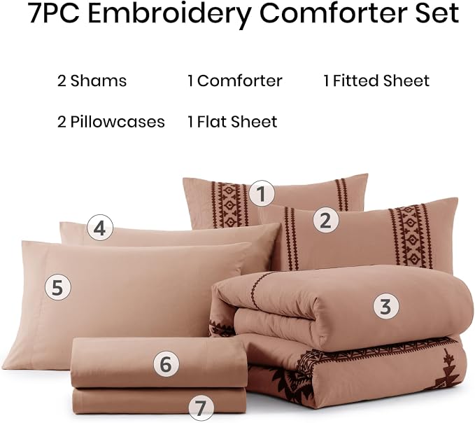 MaiRêve Embroidery Full Size Comforter Set 7 Pieces Dusty Pink Bed in a Bag | Western Boho Farmhouse Bedding Sets with Comforter, Sheets, Pillowcases & Shams