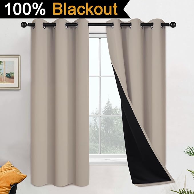 Yakamok Natural Blackout Curtains 63 Inches Long for Bedroom 42" Wide 2 PCS | Blackout Curtain Panels for Bedroom, 2 Thick Layers Grommet Top Thermal Insulated Drapes with Black Liner for Living Room