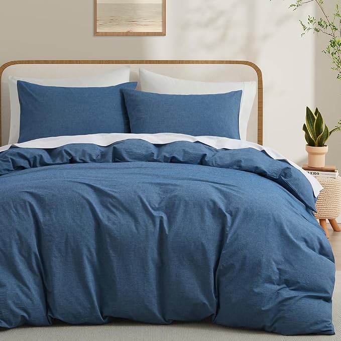 LOVQUE 100% Washed Cotton Duvet Cover, Denim Blue, King Size, 104x90 Inches | Breathable, Linen-like, Natural Bedding Set with Zipper Closure, Corner Ties, 1 Cover + 2 Pillowcases, No Comforter