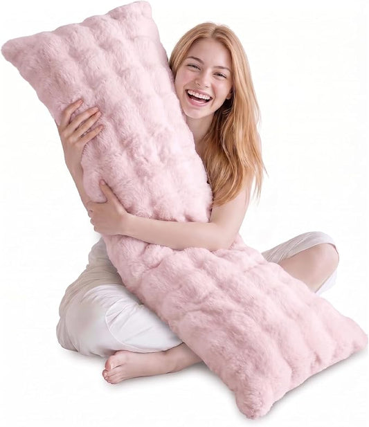 DOWNCOOL Premium Large Body Pillow Insert with Faux Rabbit Fur Cover - Large Full Body Pillows for Adults - Soft Long Bed Pillows for Side Sleepers - 20x54 inch (Pink, with Cover)