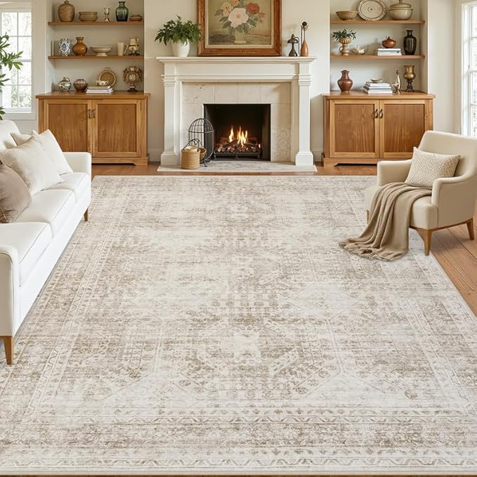 10x14 Area Rugs Living Room: Bedroom Neutral Washable Carpet Brown | Vintage Boho Soft Small Indoor Decor Floor Non-Slip Low Pile Neutral Farmhouse Entryway Laundry Bathroom Bedroom Beside Rugs