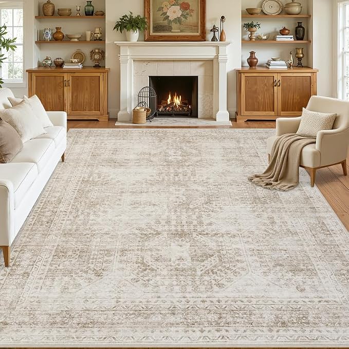 Area Rugs 9x12 Living Room: Bedroom Neutral Washable Carpet Brown | Vintage Boho Soft Small Indoor Decor Floor Non-Slip Low Pile Neutral Farmhouse Entryway Laundry Bathroom Bedroom Beside Rugs