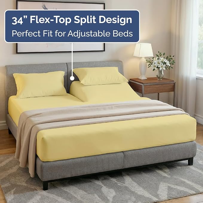 Flex Top Split Head King 4 Piece Sheet Set - Ultra-Soft & Cooling - Yellow | Cooling Bed Sheets Set, Hotel Luxury Bedding for Women & Men with Deep Pockets, Wrinkle Free & Fade Resistant, Oeko-Tex