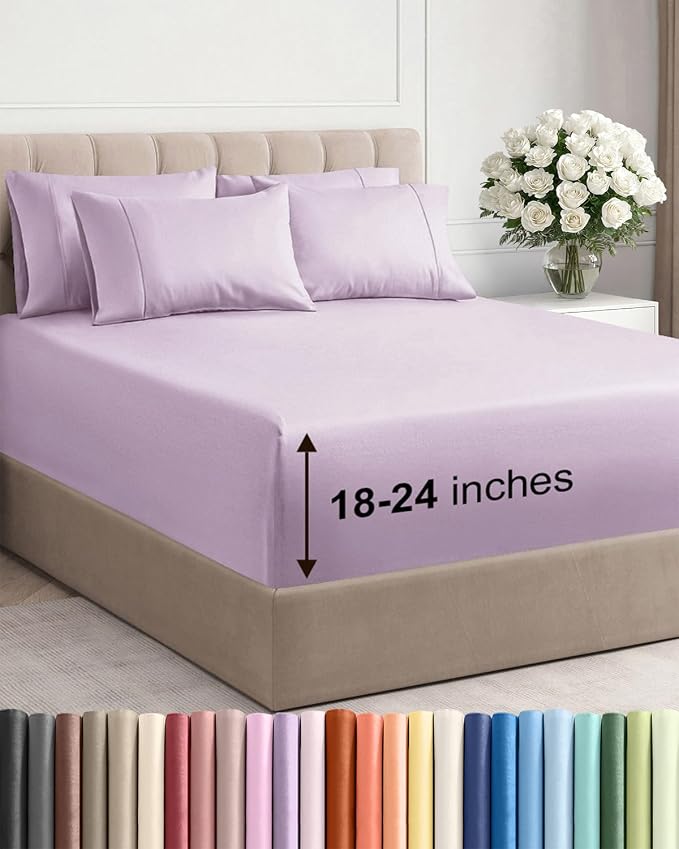 Extra Deep Queen Sheet Set - 6 Piece Breathable & Cooling - Light Lavender | Hotel Luxury Bed Sheets Set, Easy & Secure Fit, Ultra-Soft, Wrinkle & Fade Free, Comfy Sheets Set with Extra Deep Pockets