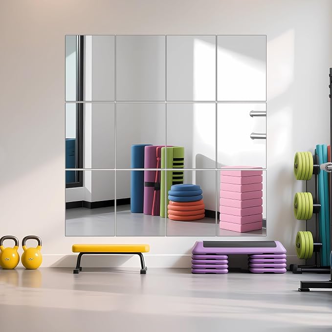 Wall Mirror Tiles, 16" x 12" x 12PCS Home Gym Mirror Tiles Frameless Glass | Workout Mirror Tiles for Garage, Bedroom, Living Room, Over The Door, Frameless Mirror Sets