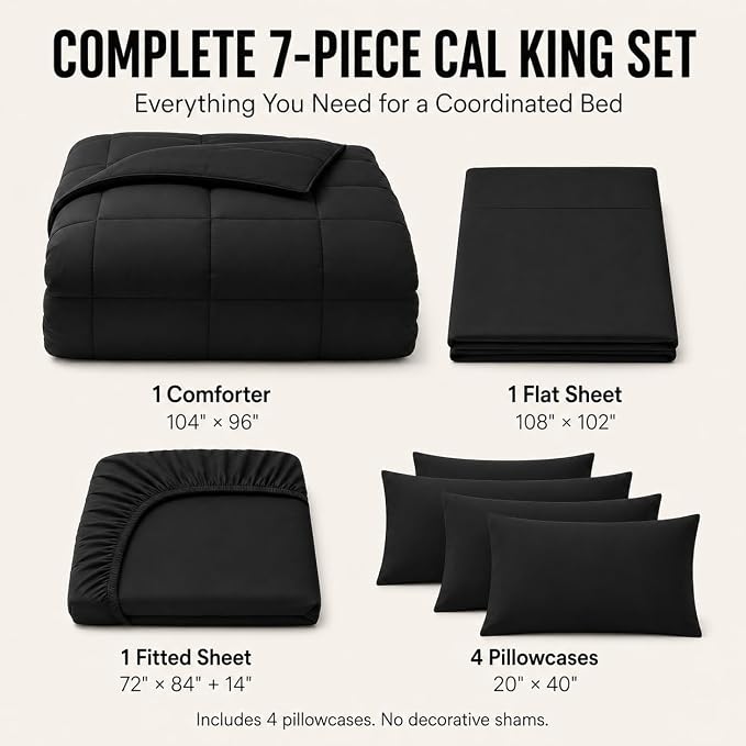 California King Comforter Set Black - 7 Pieces Bed in a Bag | OEKO-TEX Certified, All-Season, Bedroom, Guest Room, Down-Alternative Comforter + Flat & Fitted Sheets + 4 Pillowcases