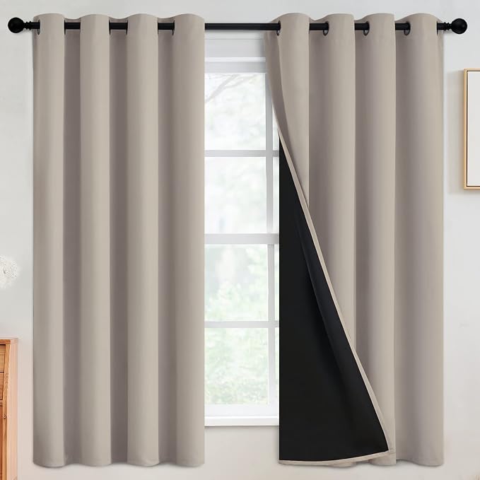 SimpleHome Natural 100% Blackout Curtains Room Darkening Living Room 63L | Curtains for Bedroom,Thermal Insulated Grommet Window Drapes,Curtains for Living Room with Black Back,52 x 63 Inch,2 Panels