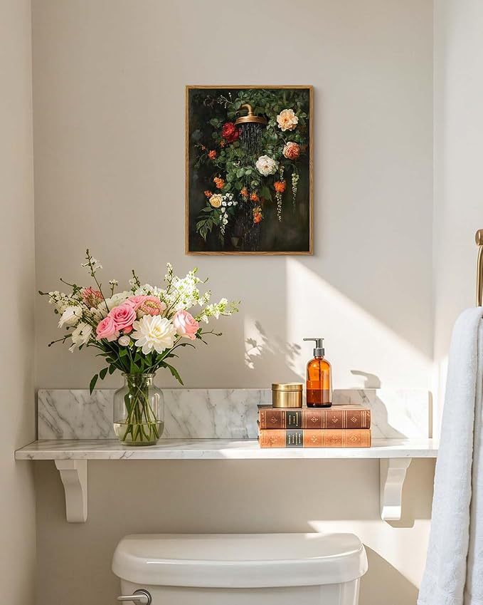 HUARCEY Vintage Floral Canvas Wall Art Framed 12"x16", Moody Botanical | Shower Wall Art,Rustic Flower Canvas Print, Antique Garden Bathroom Wall Decor for Bathroom Living Room Bedroom