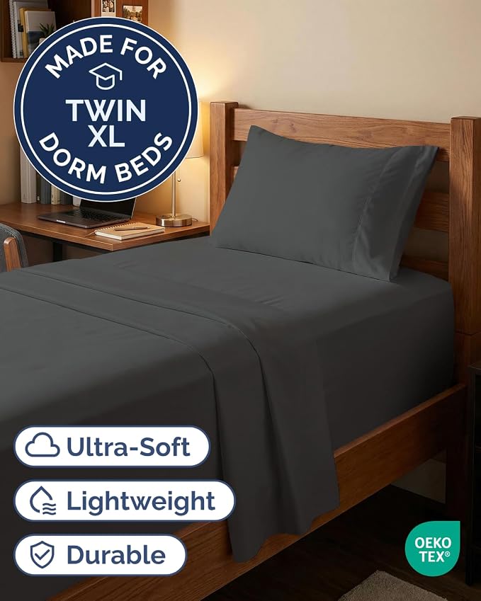 Extra Deep Twin XL Sheet Set - 3 Piece College Dorm Room - Charcoal | Soft, Breathable & Cooling, Easily Fits 18 to 24 inch Mattress, Wrinkle Free & Fade Resistant with Extra Deep Pockets