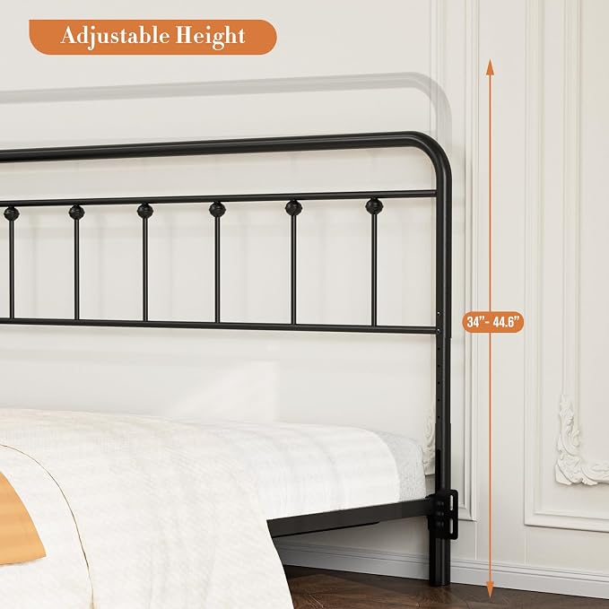 Victorian Metal King Size Headboard Only, Black | 34"-44.6" Adjustable Height, Steel King Head Board with Bed Frame Brackets Adapter, Easy Assembly, Farmhouse Vintage Style